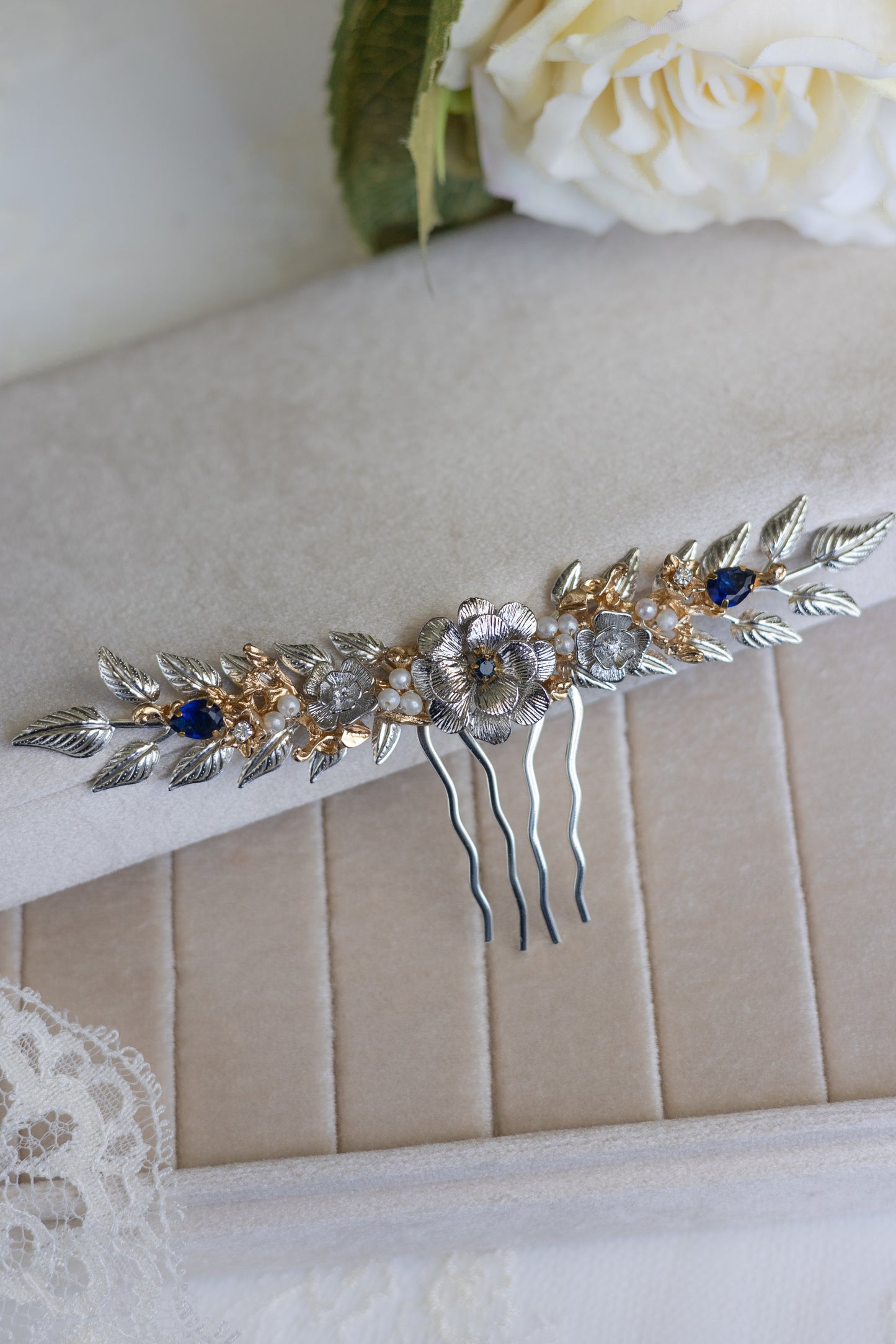 headpiece with flowers, pearls and zirconias