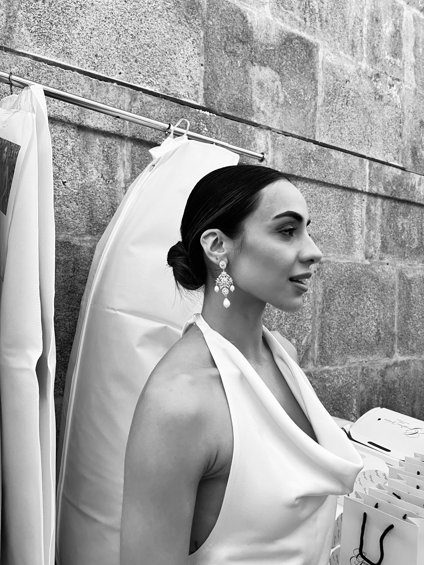chandelier earrings in model at haute couture fashion show