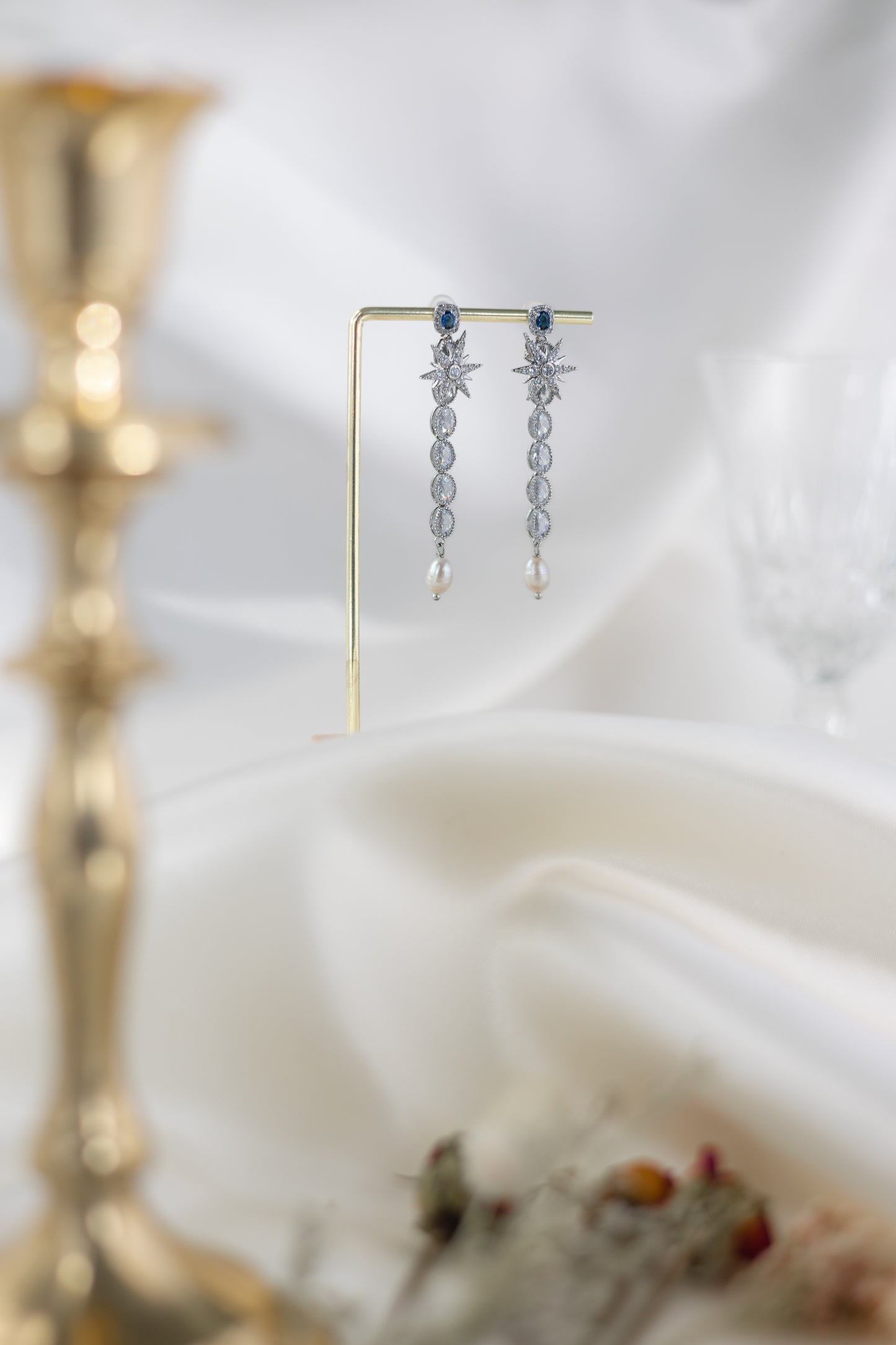 long earrings with stars and zirconias and freshwater pearls