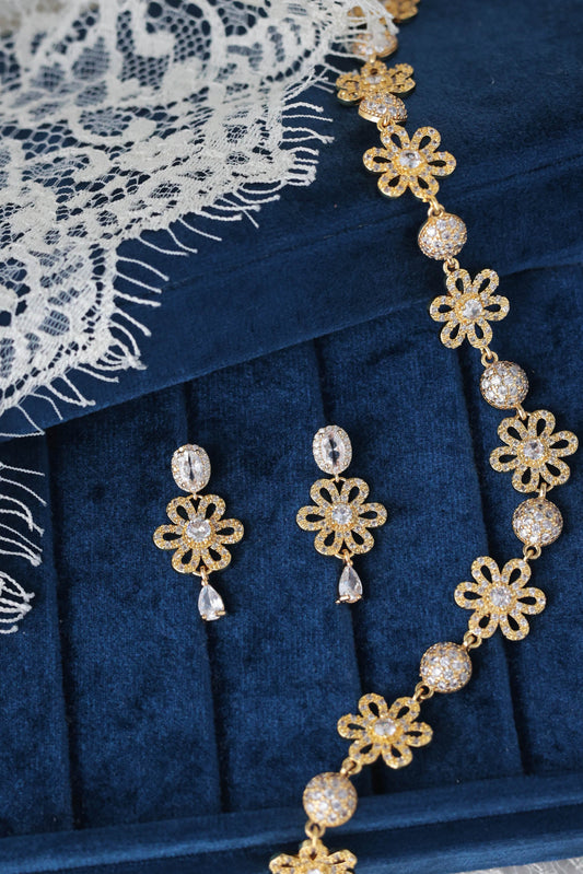earrings ins golden metal with zirconia with matching choker in velvet blue box 