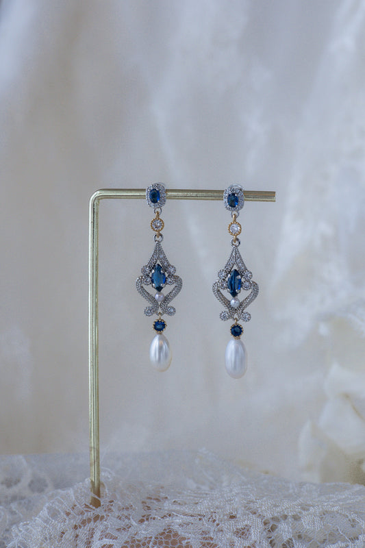 vintage inspired earrings with blue stones and pearls